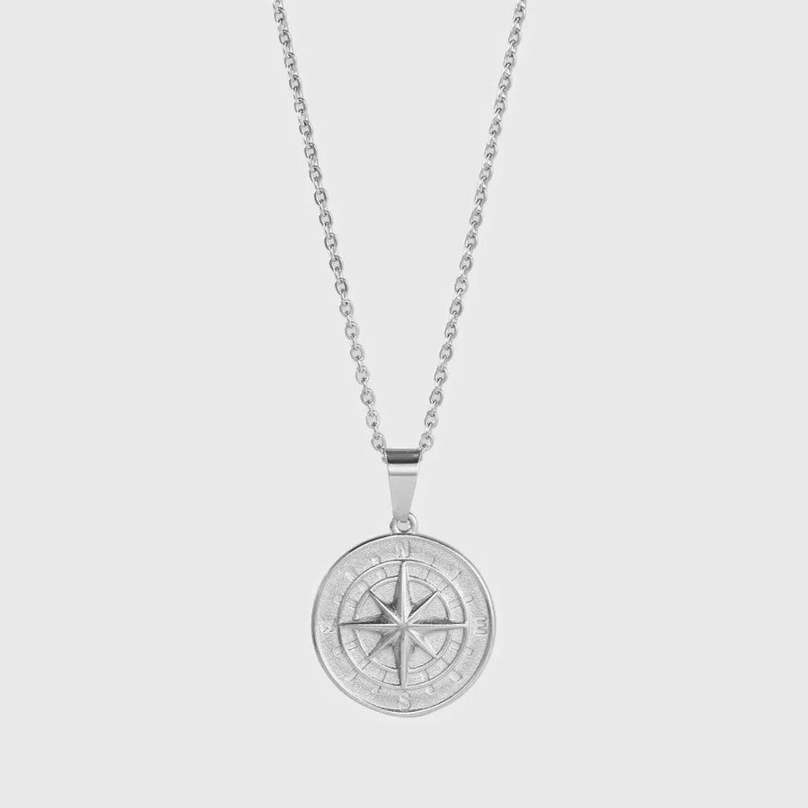 Silver Compass top Necklace, Engraved into a Hammered Silver Coin, with a Date, GPS Coordinates, and Initials